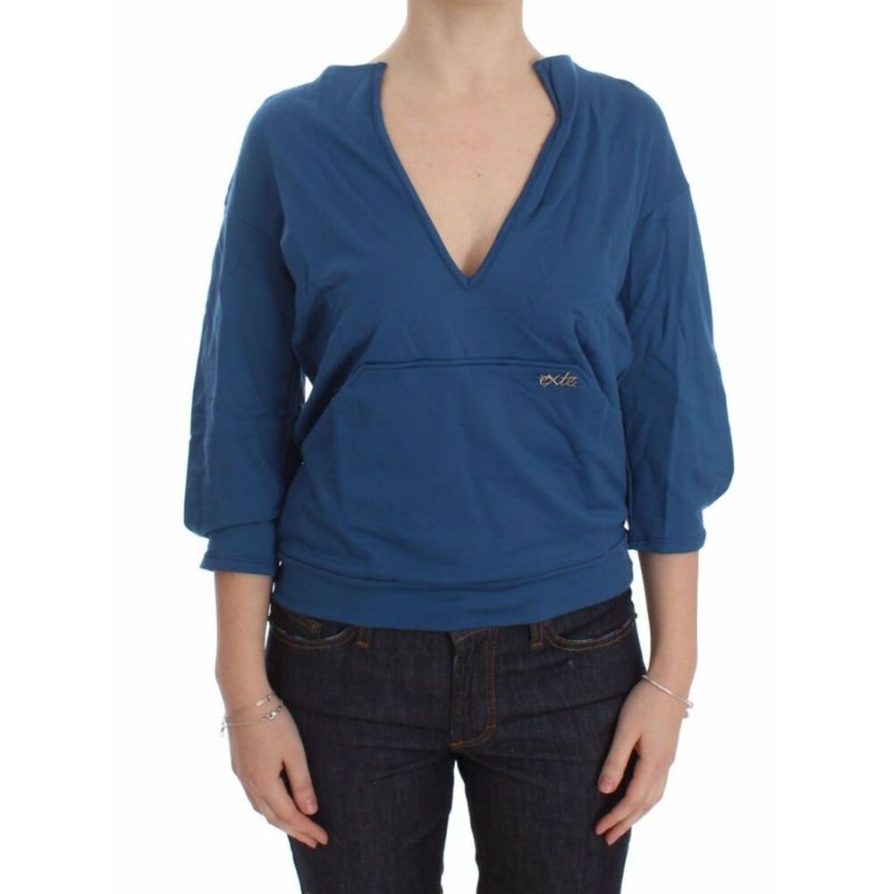 Exte Blue Cotton Top Pullover Deep V-neck Women Women's Sweater